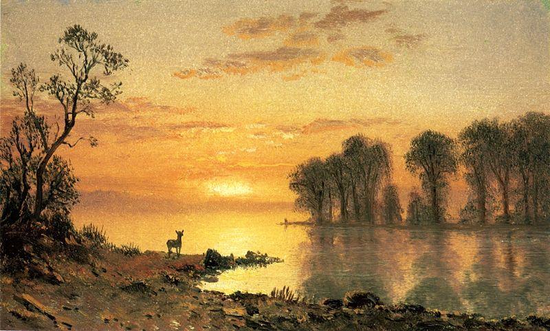 Albert Bierstadt Sunset, Deer and River